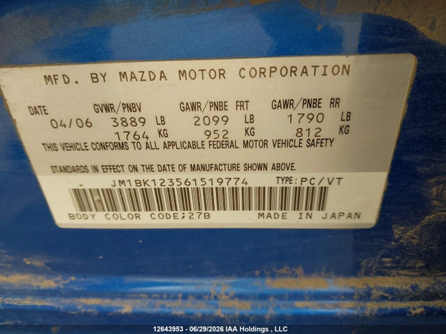 12643953 :رقم المزاد ، JM1BK123561519774 vin ، 2006 Mazda 3 S مزاد بيع