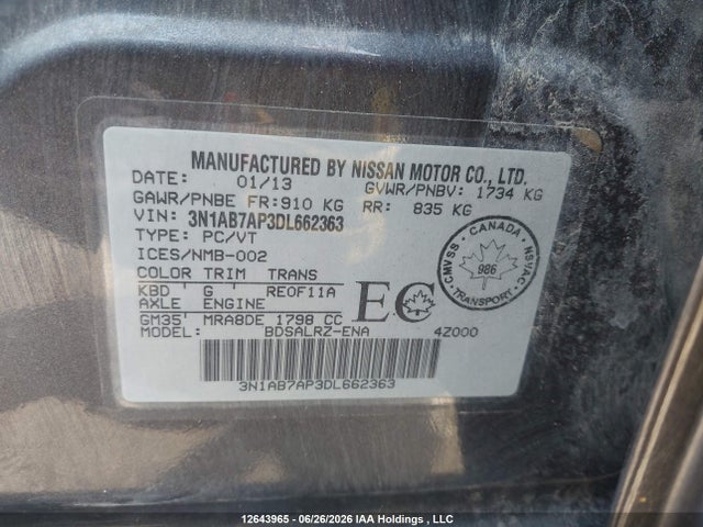 Aukcja sprzedaży 2013 Nissan Sentra S/sv/sr/sl, vin: 3N1AB7AP3DL662363, numer aukcji: 12643965