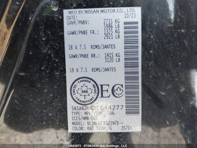 12643972 :رقم المزاد ، 5N1AR2MM0EC644277 vin ، 2014 Nissan Pathfinder S/sv/sl/platinum مزاد بيع