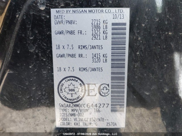12643972 :رقم المزاد ، 5N1AR2MM0EC644277 vin ، 2014 Nissan Pathfinder S/sv/sl/platinum مزاد بيع