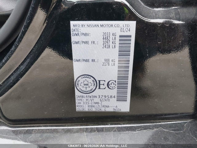 2024 Nissan Altima Platinum მანქანა იყიდება აუქციონზე, vin: 1N4BL4FW3RN379584, აუქციონის ნომერი: 12643973
