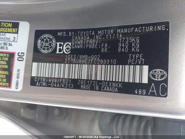 Продаж на аукціоні авто 2015 Toyota Corolla Le, vin: 2T1BURHE7FC299910, номер лоту: 12643977