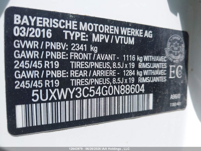 Aukcja sprzedaży 2016 Bmw X3 Xdrive28d, vin: 5UXWY3C54G0N88604, numer aukcji: 12643979
