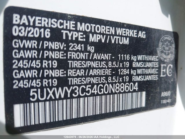 Aukcja sprzedaży 2016 Bmw X3 Xdrive28d, vin: 5UXWY3C54G0N88604, numer aukcji: 12643979