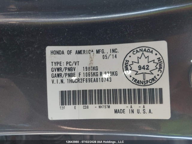 Honda ACCORD EXL 2014 1HGCR2F89EA810743 Image 9
