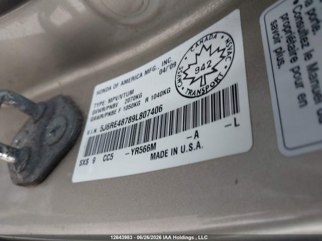 Продаж на аукціоні авто 2009 Honda Cr-v Exl, vin: 5J6RE48789L807406, номер лоту: 12643983