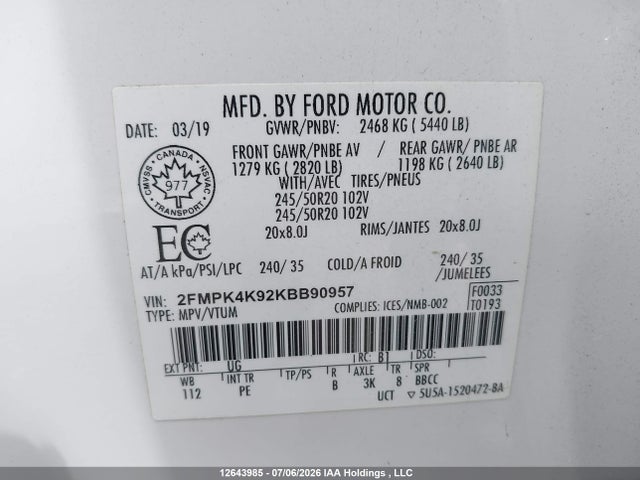 Aukcja sprzedaży 2019 Ford Edge Titanium, vin: 2FMPK4K92KBB90957, numer aukcji: 12643985