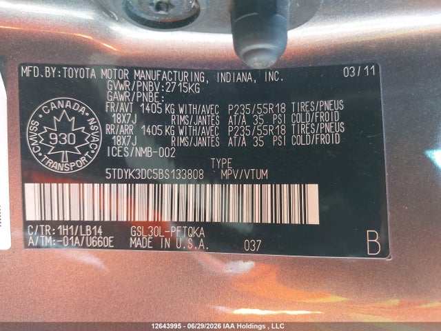 Aukcja sprzedaży 2011 Toyota Sienna Xle/limited, vin: 5TDYK3DC5BS133808, numer aukcji: 12643995