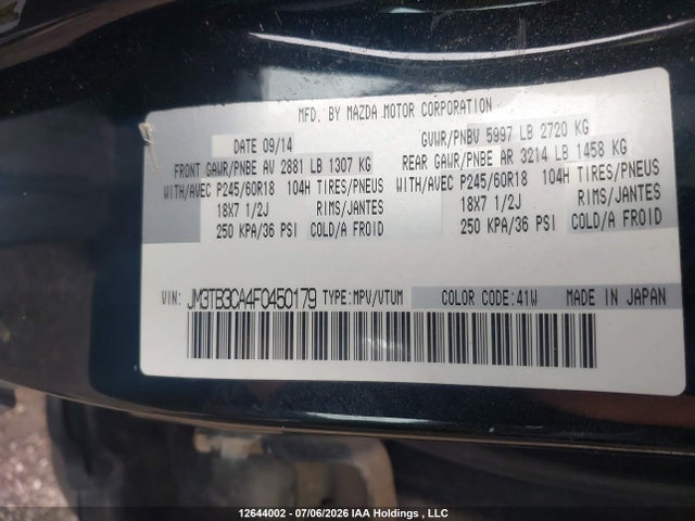 Aukcja sprzedaży 2015 Mazda Cx-9 Gs, vin: JM3TB3CA4F0450179, numer aukcji: 12644002