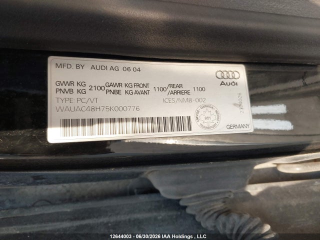 12644003 :رقم المزاد ، WAUAC48H75K000776 vin ، 2005 Audi A4 مزاد بيع