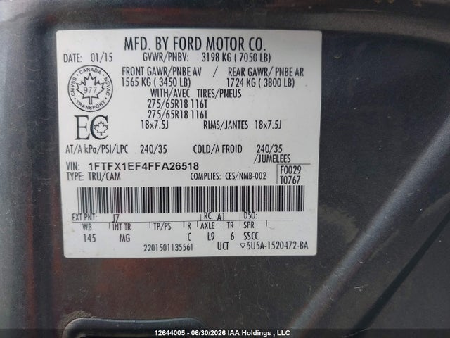 12644005 :رقم المزاد ، 1FTFX1EF4FFA26518 vin ، 2015 Ford F-150 Lariat/xl/xlt مزاد بيع
