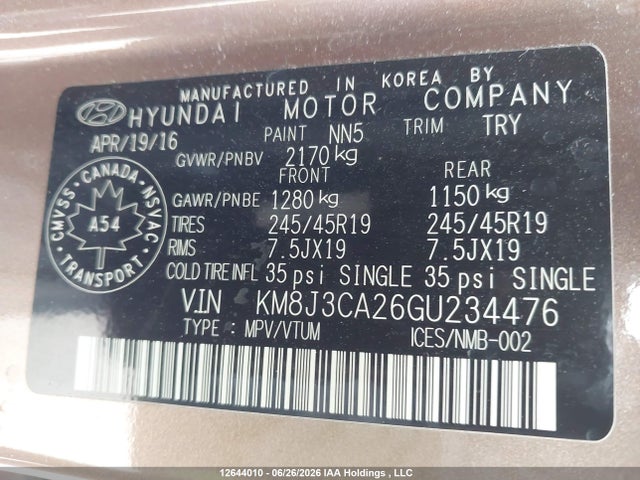 2016 Hyundai Tucson Limited/sport And Eco/se მანქანა იყიდება აუქციონზე, vin: KM8J3CA26GU234476, აუქციონის ნომერი: 12644010