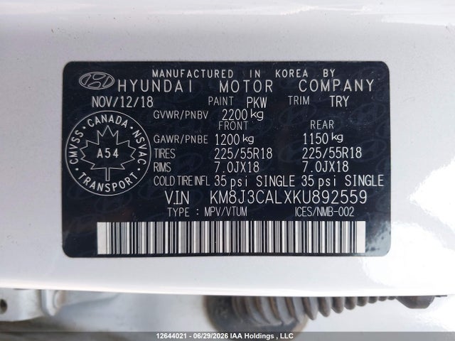 12644021 :رقم المزاد ، KM8J3CALXKU892559 vin ، 2019 Hyundai Tucson Limited/sel/sport/ultimate/value/night مزاد بيع