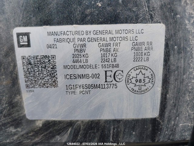 Продаж на аукціоні авто 2021 Chevrolet Bolt Ev Lt, vin: 1G1FY6S05M4113775, номер лоту: 12644022