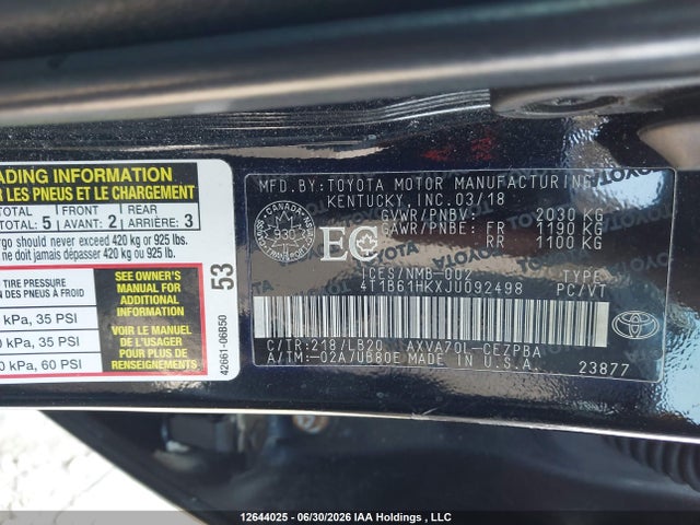 12644025 :رقم المزاد ، 4T1B61HKXJU092498 vin ، 2018 Toyota Camry مزاد بيع