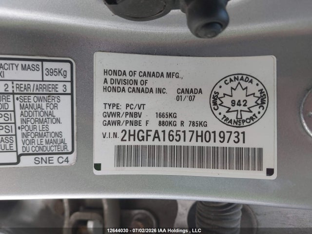 2007 Honda Civic Lx მანქანა იყიდება აუქციონზე, vin: 2HGFA16517H019731, აუქციონის ნომერი: 12644030