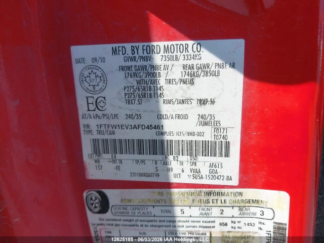 12625185 :رقم المزاد ، 1FTFW1EV3AFD45461 vin ، 2010 Ford F-150 Fx4/harley-davidson/lariat/xlt مزاد بيع