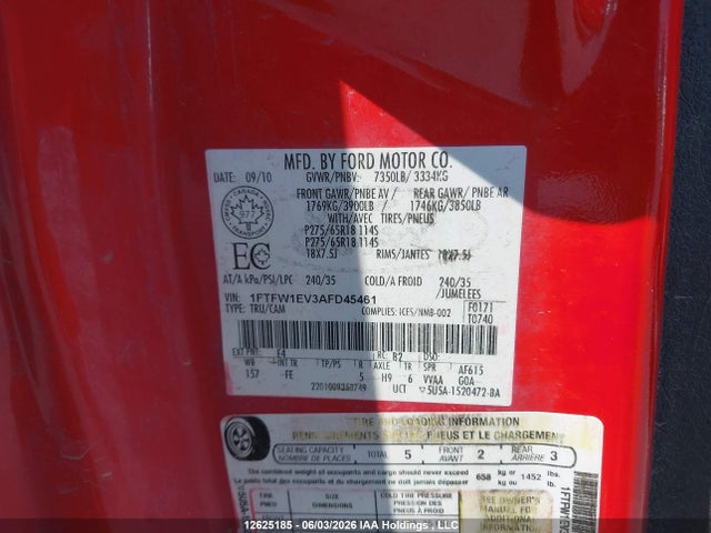 12625185 :رقم المزاد ، 1FTFW1EV3AFD45461 vin ، 2010 Ford F-150 Fx4/harley-davidson/lariat/xlt مزاد بيع