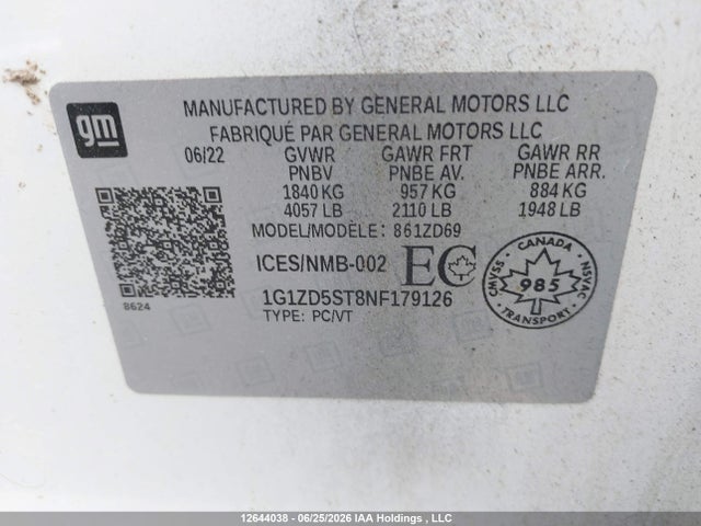 12644038 :رقم المزاد ، 1G1ZD5ST8NF179126 vin ، 2022 Chevrolet Malibu Lt مزاد بيع