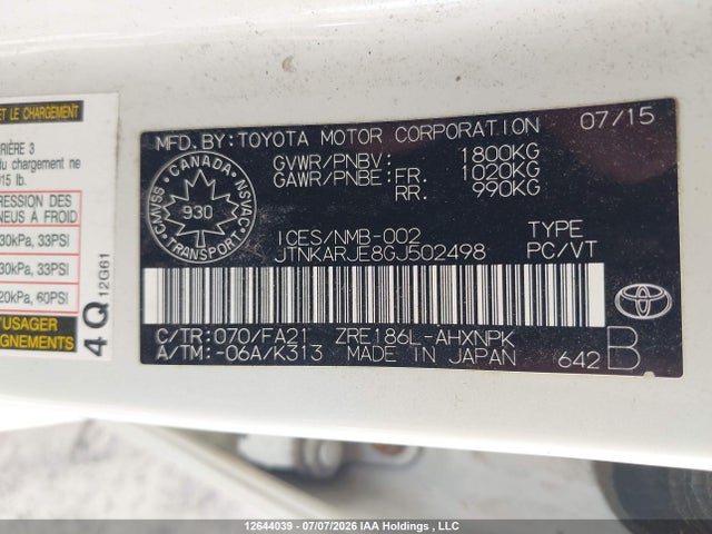 12644039 :رقم المزاد ، JTNKARJE8GJ502498 vin ، 2016 Toyota Scion Im مزاد بيع