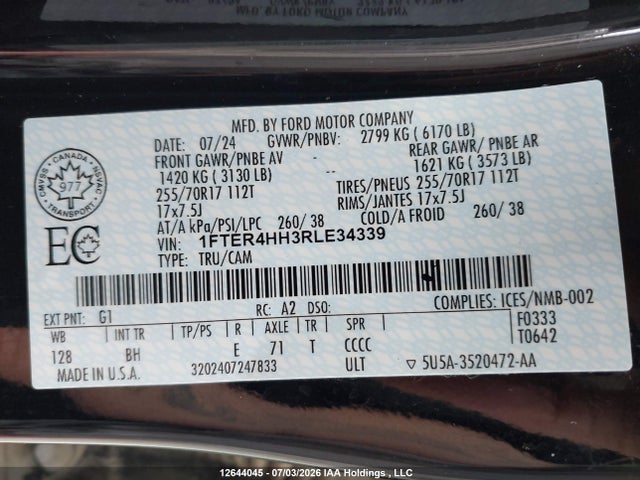 12644045 :رقم المزاد ، 1FTER4HH3RLE34339 vin ، 2024 Ford Ranger Xlt مزاد بيع