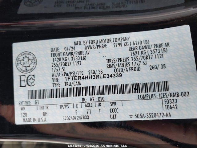 12644045 :رقم المزاد ، 1FTER4HH3RLE34339 vin ، 2024 Ford Ranger Xlt مزاد بيع