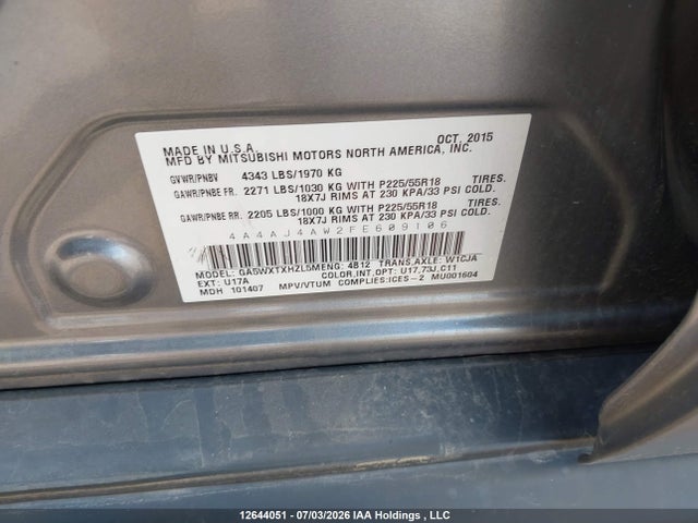Продажа на аукционе авто 2015 Mitsubishi Rvr Gt, vin: 4A4AJ4AW2FE609106, номер лота: 12644051