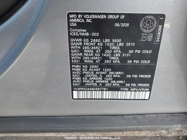 1V2FR2CA4SC567781 Volkswagen Atlas