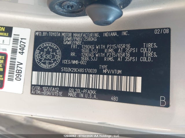 Auction sale of the 2008 Toyota Sienna Ce, vin: 5TDZK29C48S170039, lot number: 12644062
