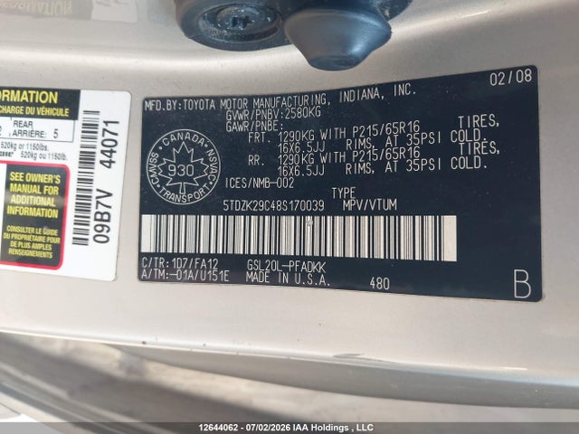Auction sale of the 2008 Toyota Sienna Ce, vin: 5TDZK29C48S170039, lot number: 12644062