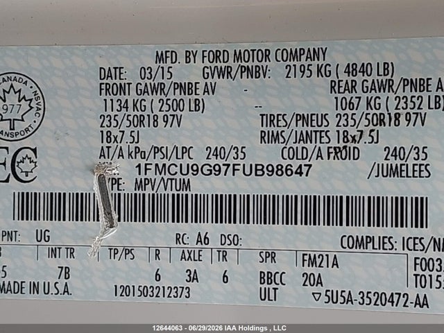 Ford ESCAPE SE 2015 1FMCU9G97FUB98647 Image 9