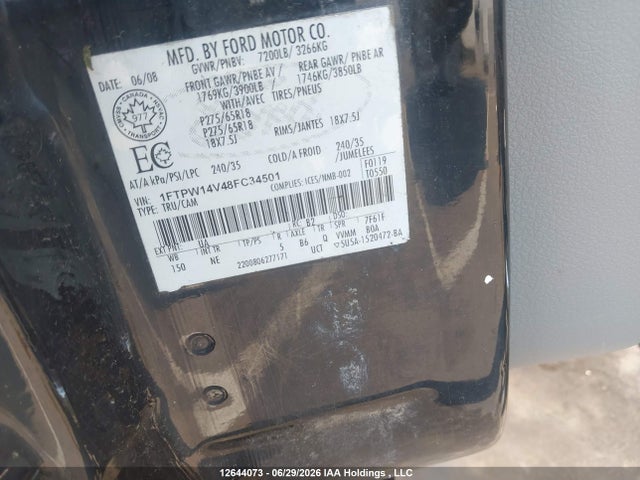 12644073 :رقم المزاد ، 1FTPW14V48FC34501 vin ، 2008 Ford F-150 Fx4/king Ranch/lariat/xlt مزاد بيع
