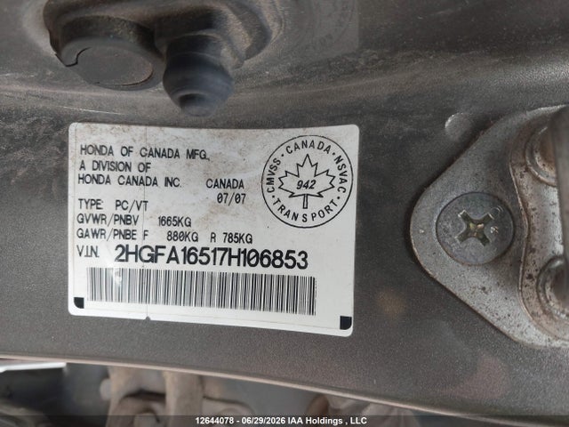 2007 Honda Civic Lx მანქანა იყიდება აუქციონზე, vin: 2HGFA16517H106853, აუქციონის ნომერი: 12644078