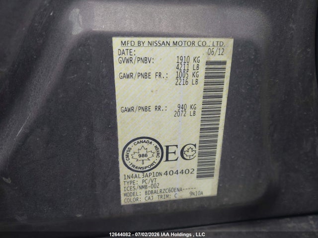 Продаж на аукціоні авто 2013 Nissan Altima, vin: 1N4AL3AP1DN404402, номер лоту: 12644082
