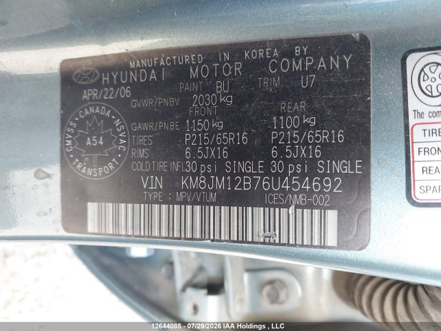 2006 Hyundai Tucson Gl მანქანა იყიდება აუქციონზე, vin: KM8JM12B76U454692, აუქციონის ნომერი: 12644085