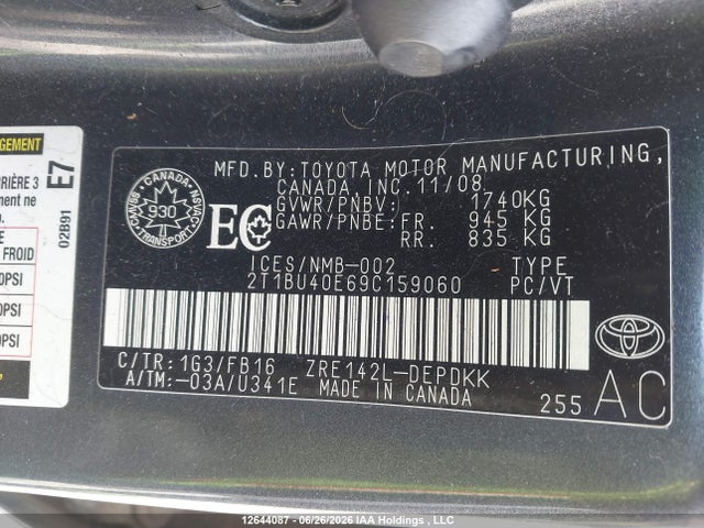 12644087 :رقم المزاد ، 2T1BU40E69C159060 vin ، 2009 Toyota Corolla Ce مزاد بيع