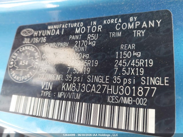 Продажа на аукционе авто 2017 Hyundai Tucson Limited/sport And Eco/se, vin: KM8J3CA27HU301877, номер лота: 12644099
