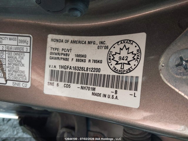 Aukcja sprzedaży 2006 Honda Civic Dx-g, vin: 1HGFA16326L812200, numer aukcji: 12644100