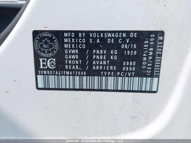 2015 Volkswagen Jetta 1.8 Tsi Comfortline/1.8 Tsi Trendline+ მანქანა იყიდება აუქციონზე, vin: 3VWB07AJ1FM412648, აუქციონის ნომერი: 12644105