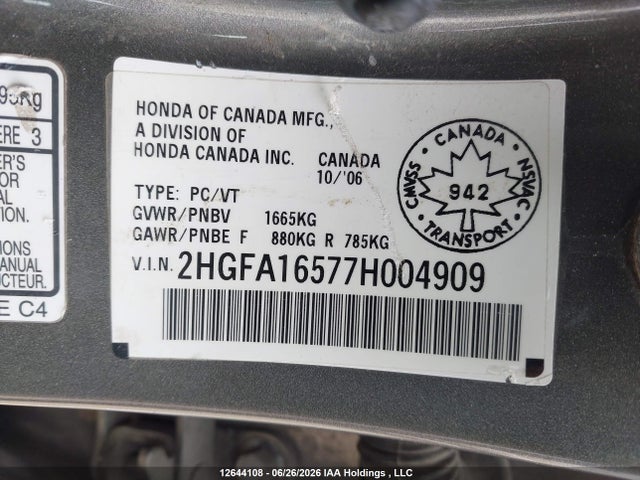 Aukcja sprzedaży 2007 Honda Civic Lx, vin: 2HGFA16577H004909, numer aukcji: 12644108
