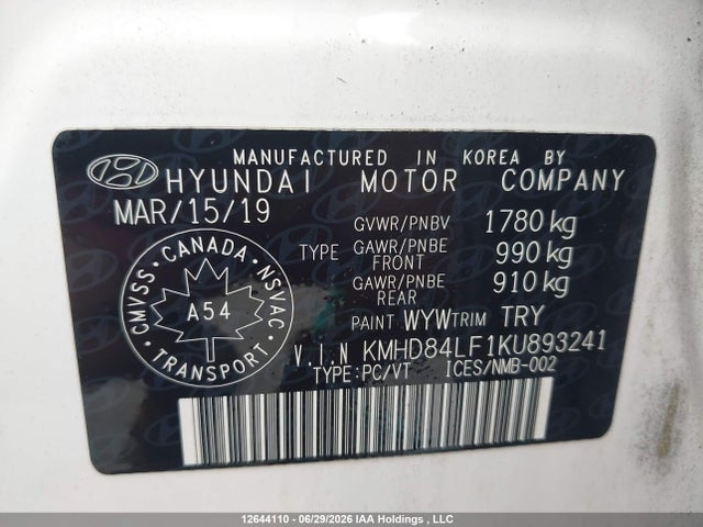 Продаж на аукціоні авто 2019 Hyundai Elantra Sel/value/limited, vin: KMHD84LF1KU893241, номер лоту: 12644110