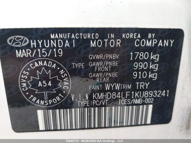 Продаж на аукціоні авто 2019 Hyundai Elantra Sel/value/limited, vin: KMHD84LF1KU893241, номер лоту: 12644110