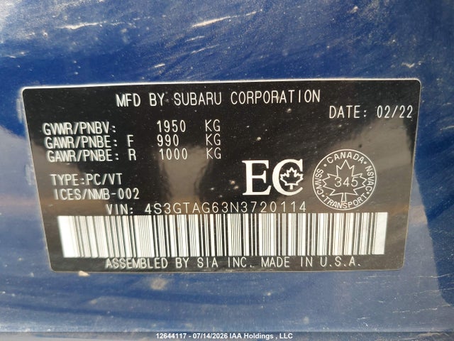 Продаж на аукціоні авто 2022 Subaru Impreza Sport With Eyesight 5-door, vin: 4S3GTAG63N3720114, номер лоту: 12644117