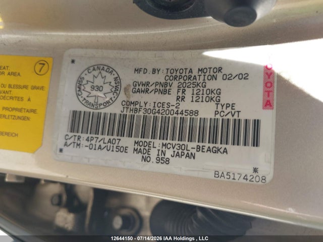 Продажа на аукционе авто 2002 Lexus Es 300, vin: JTHBF30G420044588, номер лота: 12644150