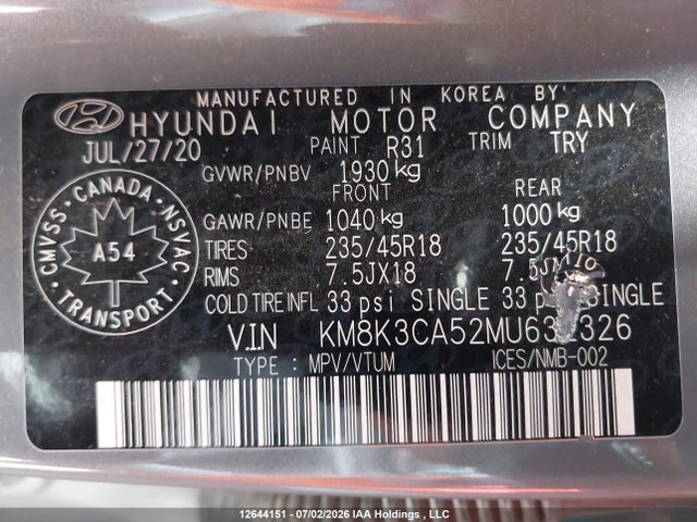 Aukcja sprzedaży 2021 Hyundai Kona Limited, vin: KM8K3CA52MU632326, numer aukcji: 12644151