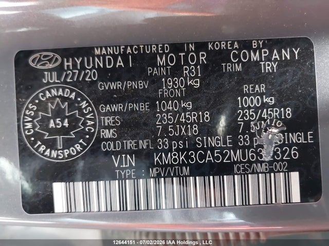 Aukcja sprzedaży 2021 Hyundai Kona Limited, vin: KM8K3CA52MU632326, numer aukcji: 12644151