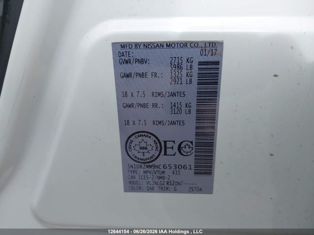 5N1DR2MM9HC653061 Nissan Pathfinder Platinum/s/sl/sv