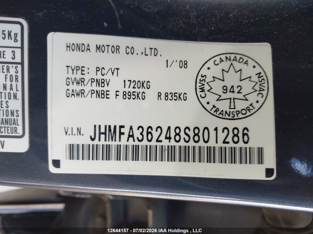 Продаж на аукціоні авто 2008 Honda Civic Hybrid, vin: JHMFA36248S801286, номер лоту: 12644157