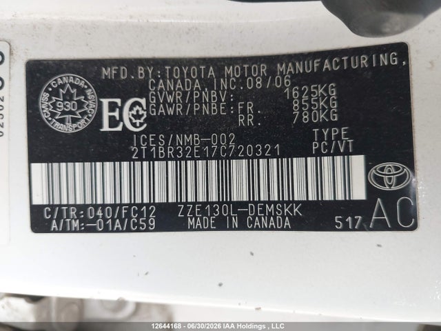 12644168 :رقم المزاد ، 2T1BR32E17C720321 vin ، 2007 Toyota Corolla Ce/le/s مزاد بيع