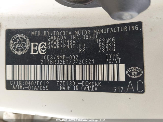 12644168 :رقم المزاد ، 2T1BR32E17C720321 vin ، 2007 Toyota Corolla Ce/le/s مزاد بيع